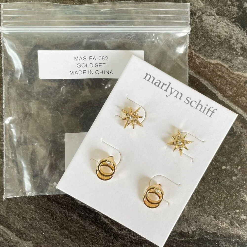 Marlyn Schiff Starburst and Infinity Gold Stud Earring Set w/ Rhinestone Center